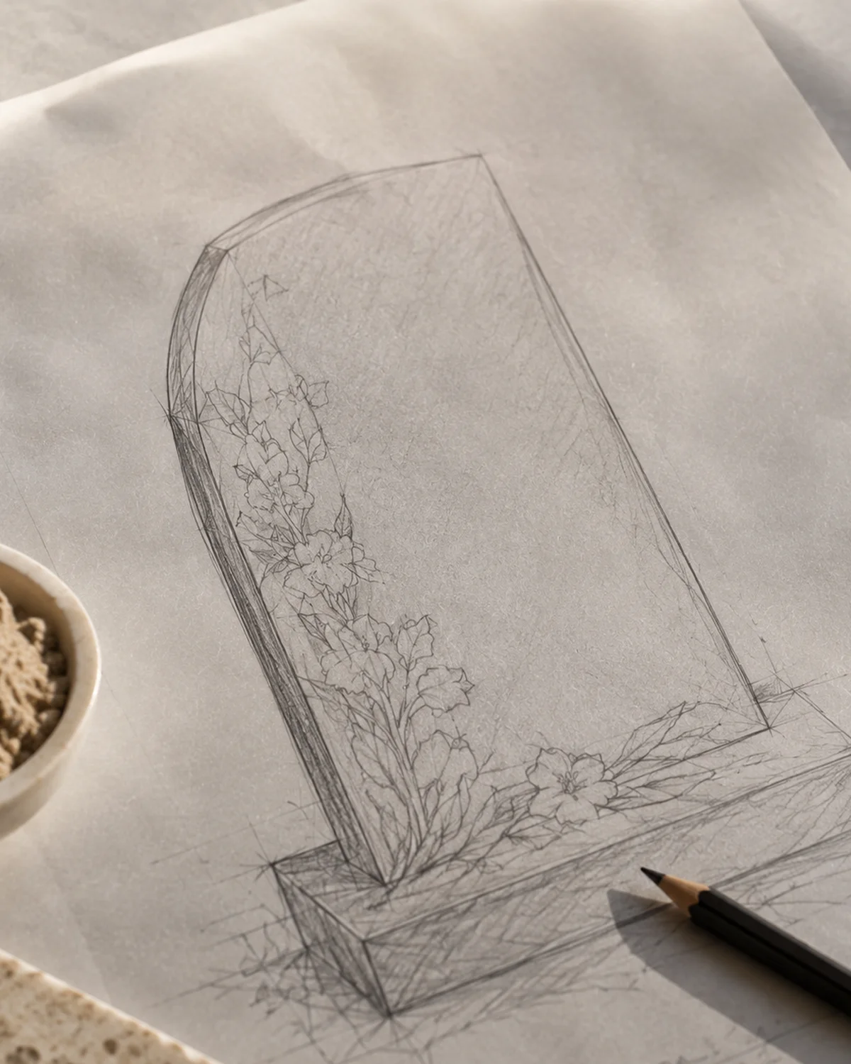 Croquis et conception de monument funéraire dans l’atelier Daumas Miletto